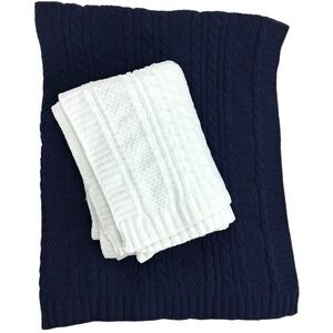Nordstrom Solid Navy Blue & White Baby Blanket Lot Cable Knit 2pc Unisex EUC